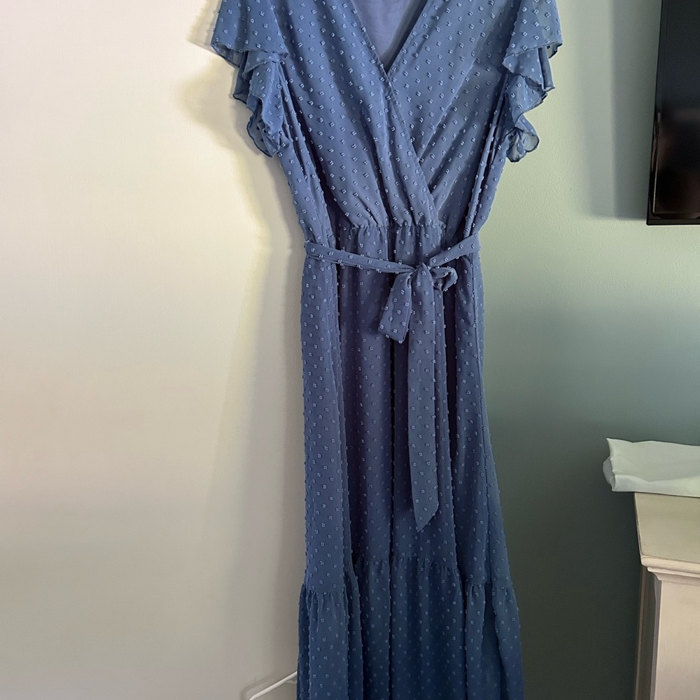 Blue Flutter Sleeve Wrap Maxi Dress